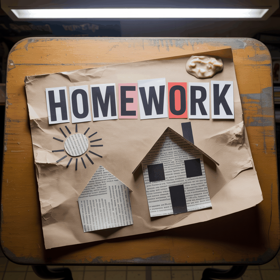 A homework collage glued together at the last minute: HOMEWORK spelled in cut-out magazine letters, a paper house and sun glued on crooked, a glue blob still wet in the corner